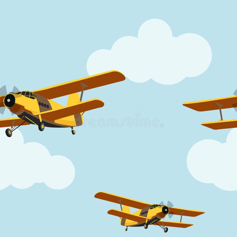 Vintage airplane in the cloudy sky seamless pattern vector illustration