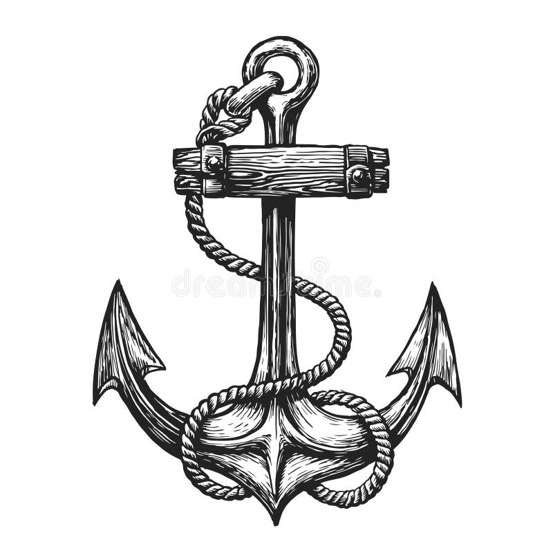 Vintage Anchor with Rope Drawn in Engraving Style. Hand Drawn Seafaring ...