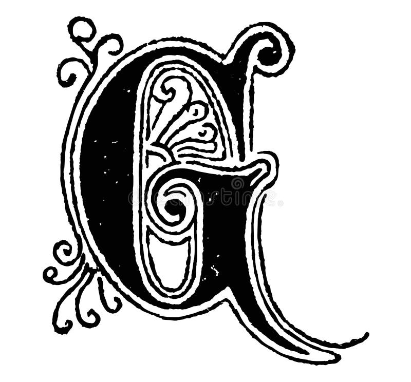 Vintage Drawing of Decorative Capital Letter G with Ornament Around and ...