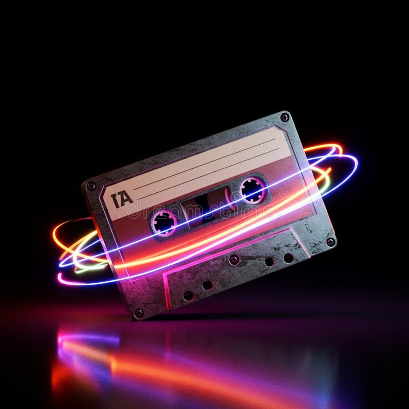 A vintage audio cassette with a metallic appearance is enveloped by vibrant, swirling royalty free illustration