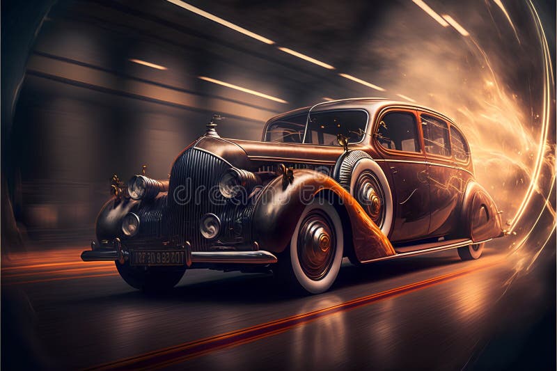 Vintage Auto auf der Straße mit Licht und Rauch 3D Rendering. lizenzfreie abbildung