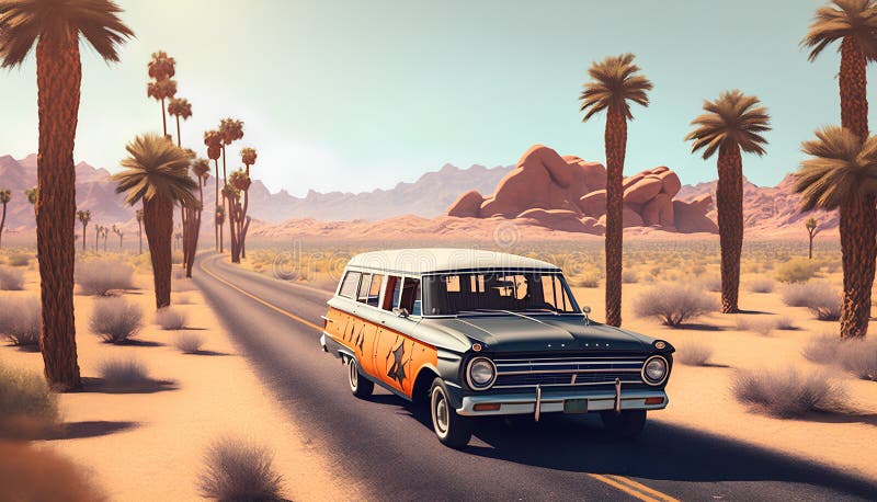 Vintage Auto auf der Straße in der Wüste 3D Rendering lizenzfreie abbildung