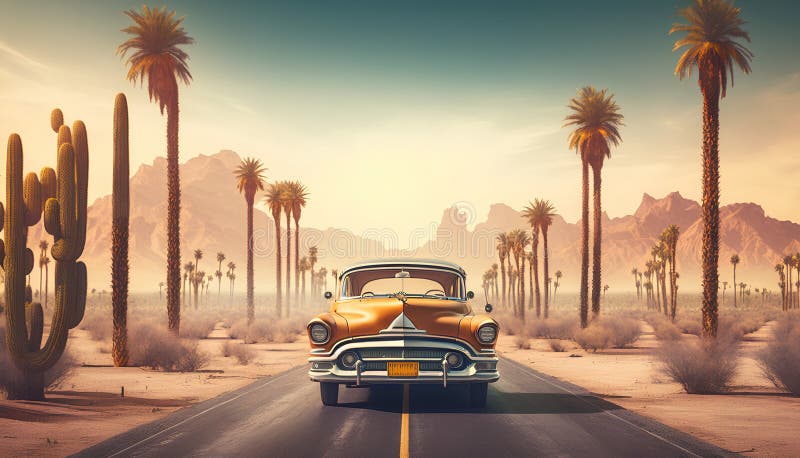 Vintage Auto auf der Straße in der Wüste 3D Rendering lizenzfreie abbildung