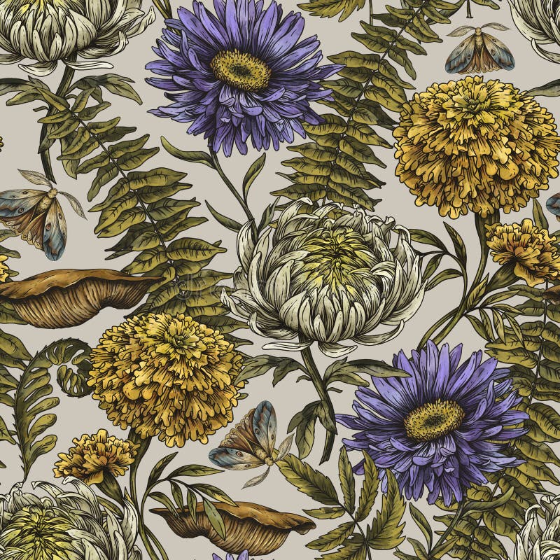 Vintage Autumn Flowers Seamless Pattern, Classic Botanical Aster, Marigold, Chrysanthemum Floral Texture, Moth and Fern