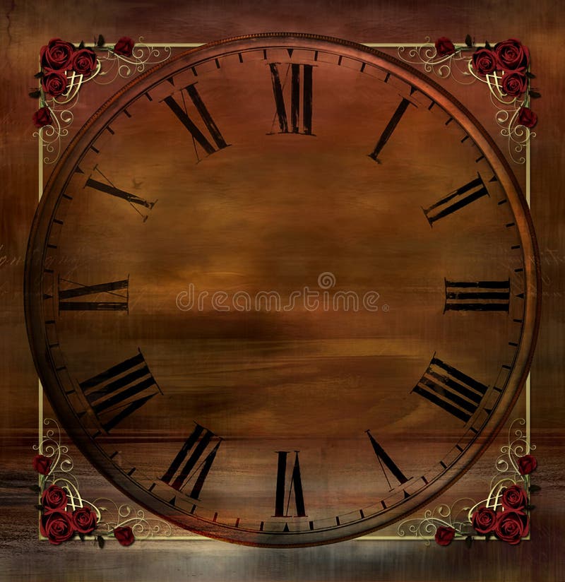 A romantic misty vintage background in browns, bronze and gold with elements of ocean and sky overlayed by a clock face and finished off with decorative gold swirls and red rose corners. Suitable for use as a background for web or print projects. A romantic misty vintage background in browns, bronze and gold with elements of ocean and sky overlayed by a clock face and finished off with decorative gold swirls and red rose corners. Suitable for use as a background for web or print projects.