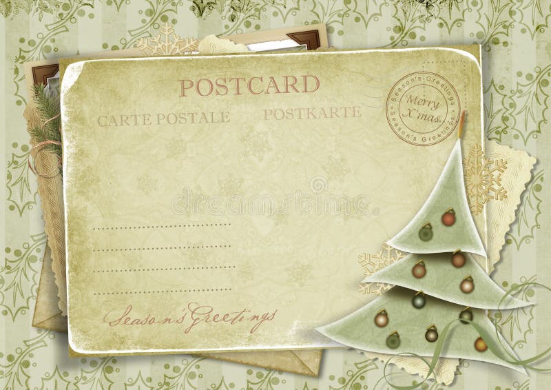 Vintage background with postcard and Christmas tr