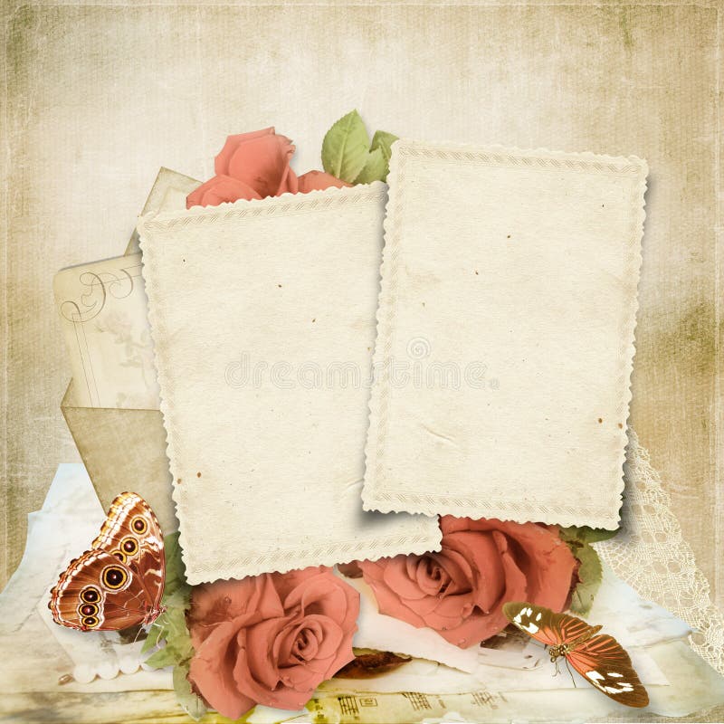 Vintage background with rose and old cards