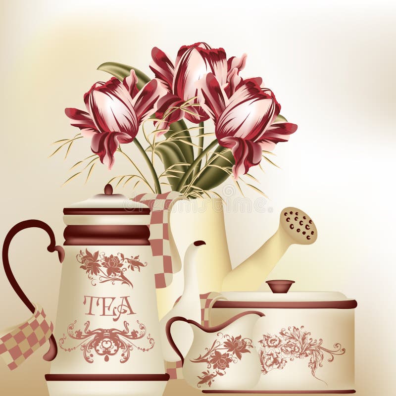 Vintage background with teapot, cup and tulips in pastel tones royalty free illustration Vintage background with teapot, cup and tulips in pastel tones royalty free illustration