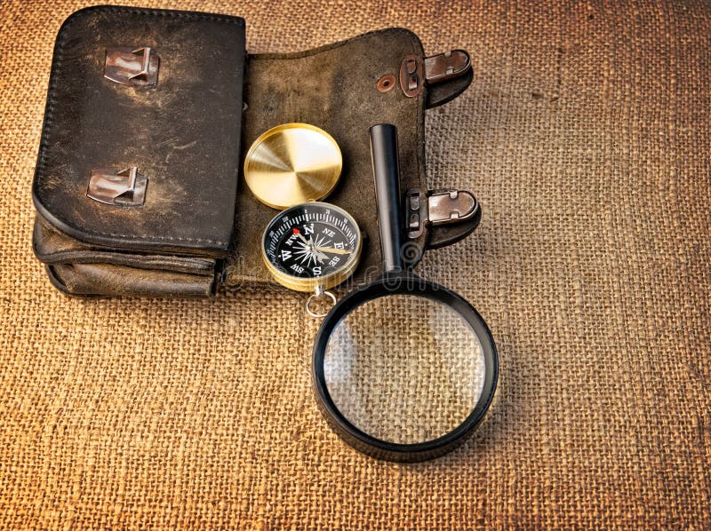 Vintage Background Wallet Compass Magnifier Stock Photos - Free