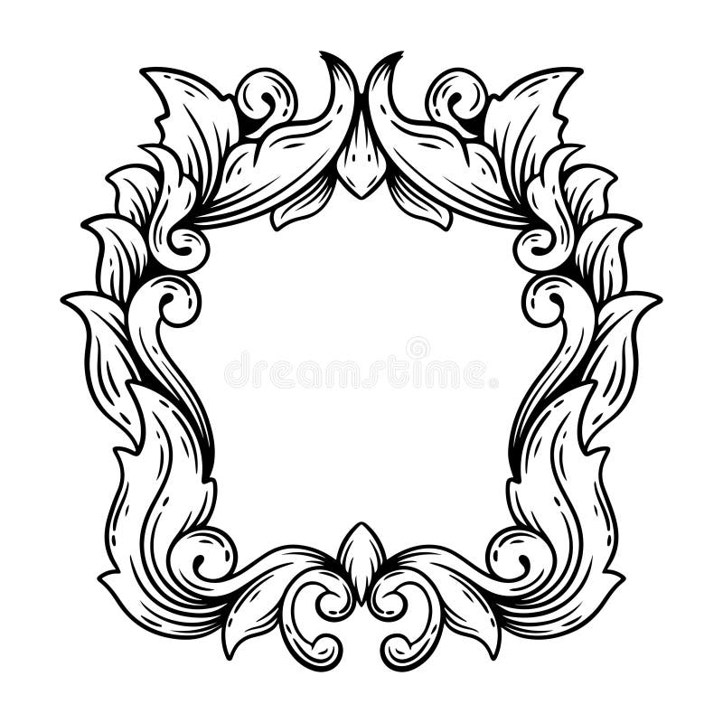 Vintage baroque frame scroll ornament grawerowanie granica kwiatowy retro wzór antyk styl acanthus. Ornate czarno-białe ozdobne ramy zawierające zawiłe wirowe liści i motywy winorośli. Konstrukcja symetryczna tworzy kwadrat o krawędziach zwijanych przypominających styl wiktoriański lub barokowy. Szczegółową ilustracją jest ręcznie rysowana pogrubiona linia i eleganckie krzywe zapewniające klasyczny i vintage wygląd. Idealny do ozdabiania kompozycji lub tekstu wyrafinowanym dotykiem.
