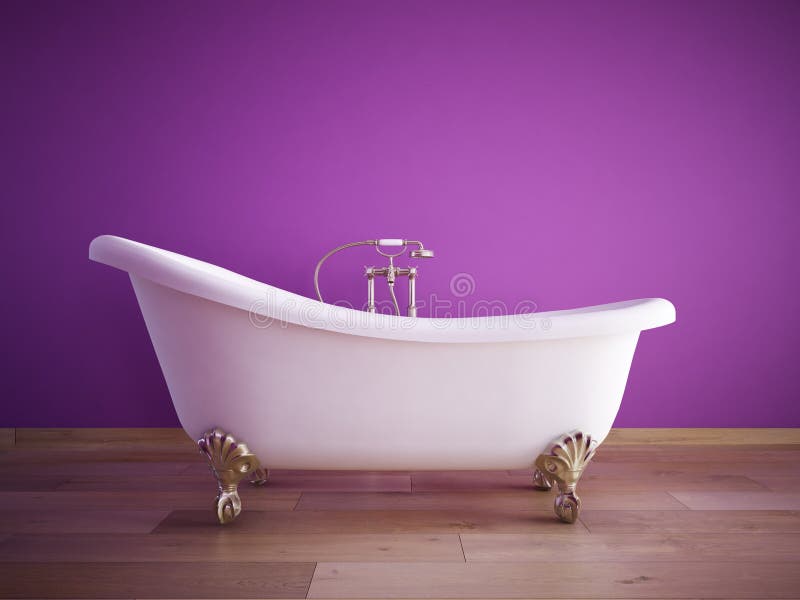 Vintage bath tube in a room with pink wall. 3d