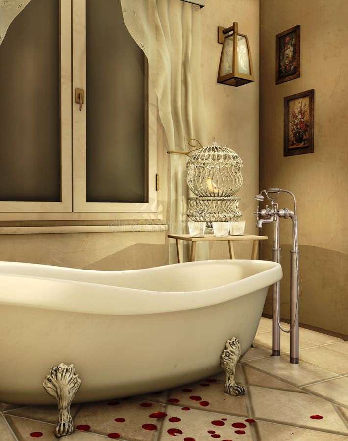 Vintage bathtub in a bathroom with a cage and a canary