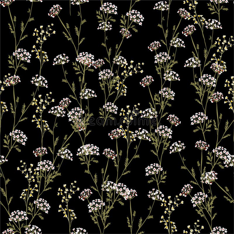 Vintage Beautiful and trendy Seamless Pattern meadow flowers, Isolated on summer black color. Botanical Floral Decoration vector illustration Vintage Beautiful and trendy Seamless Pattern meadow flowers, Isolated on summer black color. Botanical Floral Decoration vector illustration