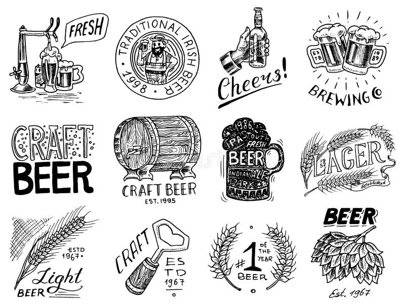 Vintage beer badge. Set of Alcoholic Label with calligraphic elements. Classic American frame for poster banner. Cheers stock illustration