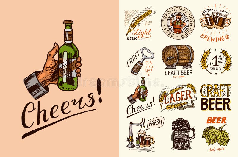 Vintage beer badge. Set of Alcoholic Label with calligraphic elements. Classic American frame for poster banner. Cheers royalty free illustration