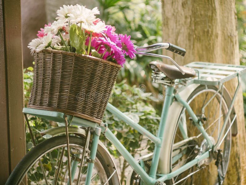 flower_ヴィンテージ Vintage Bicycle with Flowers on Summer Landscape Background