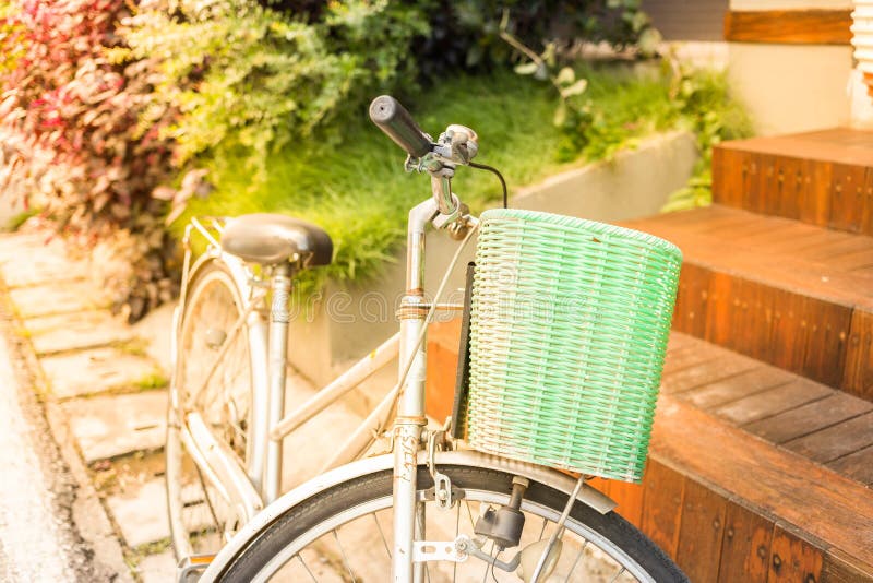 Vintage Bicycle with Green Basket. Stock Image Image of antique