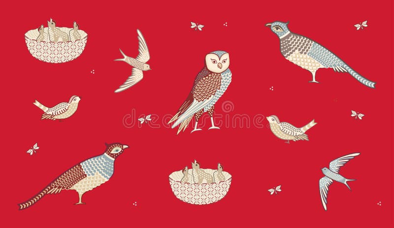 Vintage birds collection isolated on red background. Vector illustration