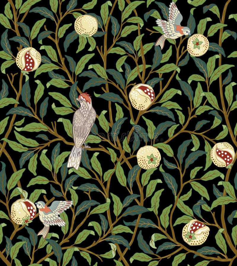 Vintage birds in foliage with birds and fruits seamless pattern on dark background. Middle ages William Morris style