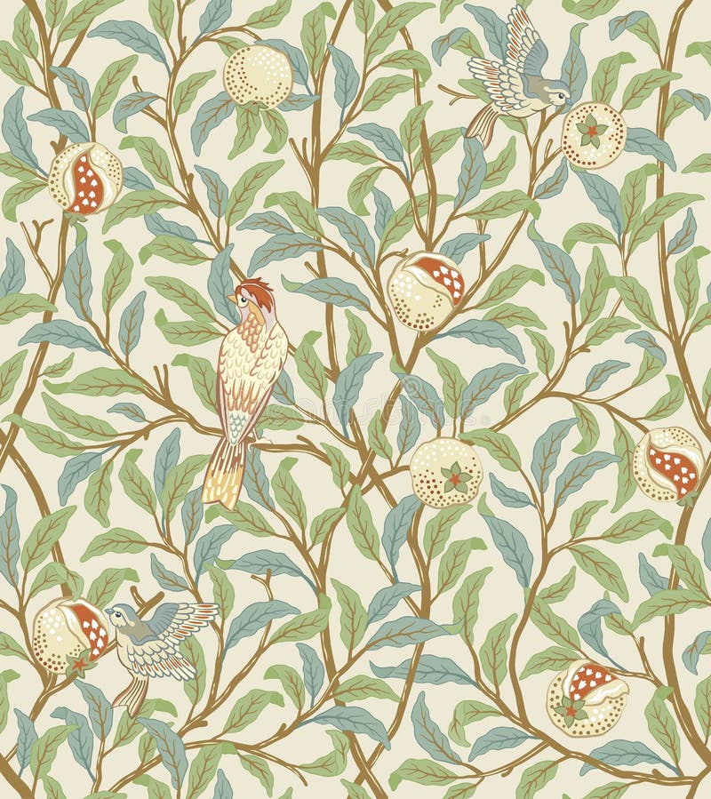 Vintage birds in foliage with birds and fruits seamless pattern on light beige background. Middle ages William Morris