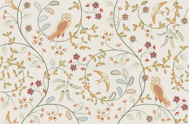 Vintage birds in foliage with flowers seamless pattern on light background. Middle ages William Morris style. Vector