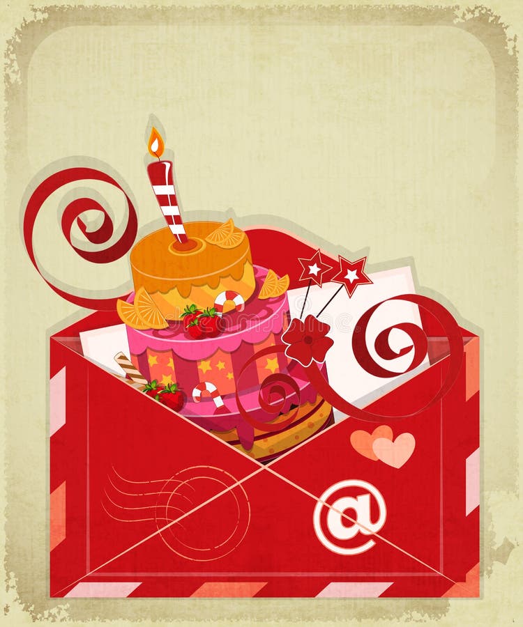 Vintage birthday card with Chocolate Berry Cake royalty free illustration Vintage birthday card with Chocolate Berry Cake royalty free illustration