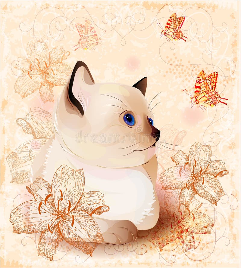 Vintage Birthday Card with Kitten and Flowers Stock Vector