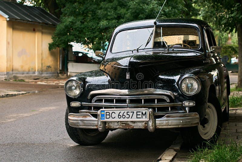 Vintage black GAZ-M20 Pobeda car released circa 1950 in USSR parked on the street stock photo Vintage black GAZ-M20 Pobeda car released circa 1950 in USSR parked on the street stock photo
