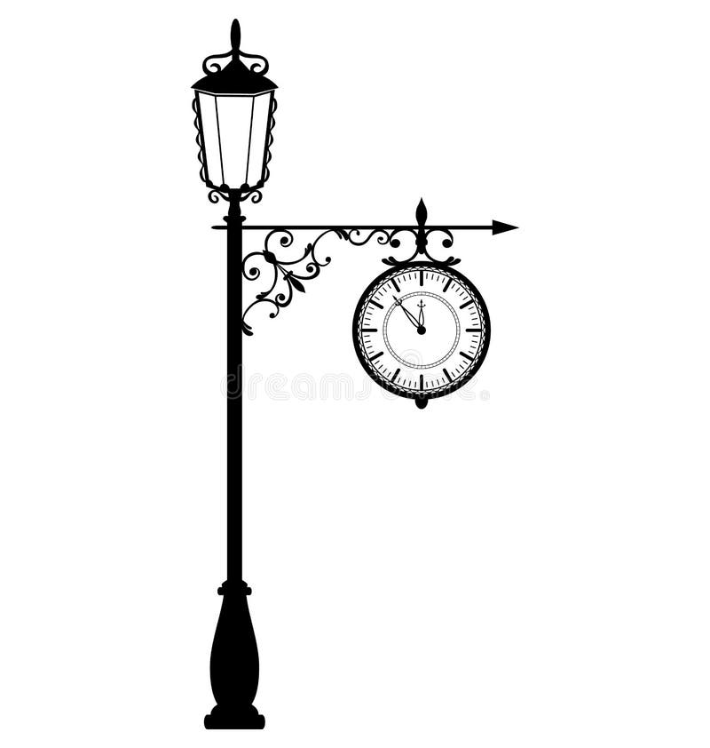 Vintage black lamppost with clock isolated on white vector illustration Vintage black lamppost with clock isolated on white vector illustration