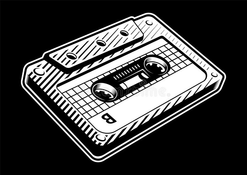 Vintage black and white illustration of audio cassette