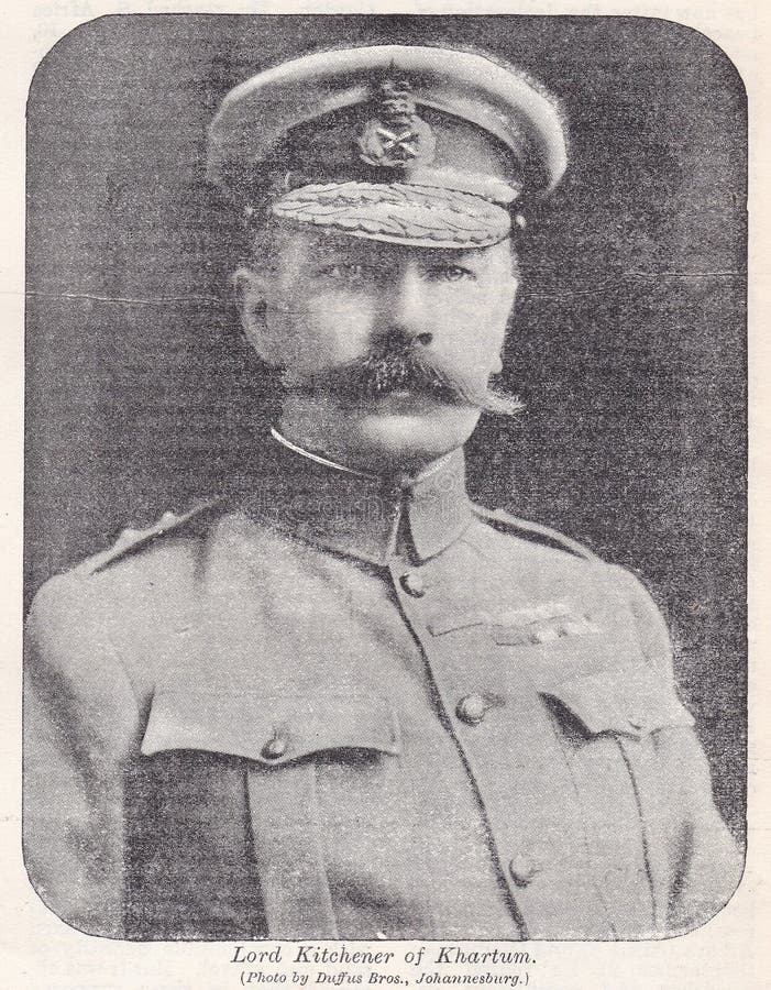 The Harmsworth Encyclopaedia 1930s / 1940s - Vintage black and white portrait photo of Lord Kitchener of Khartum. Field Marshal Horatio Herbert Kitchener, 1st Earl Kitchener,24 June 1850 â€“ 5 June 1916 was a senior British Army officer and colonial administrator who won notoriety for his imperial campaigns, most especially his scorched earth policy against the Boers and his establishment of concentration camps during the Second Boer War in which between 18,000 and 28,000 men, women and children died, mainly from disease epidemics,[1] and later played a central role in the early part of the First World War. The Harmsworth Encyclopaedia 1930s / 1940s - Vintage black and white portrait photo of Lord Kitchener of Khartum. Field Marshal Horatio Herbert Kitchener, 1st Earl Kitchener,24 June 1850 â€“ 5 June 1916 was a senior British Army officer and colonial administrator who won notoriety for his imperial campaigns, most especially his scorched earth policy against the Boers and his establishment of concentration camps during the Second Boer War in which between 18,000 and 28,000 men, women and children died, mainly from disease epidemics,[1] and later played a central role in the early part of the First World War.