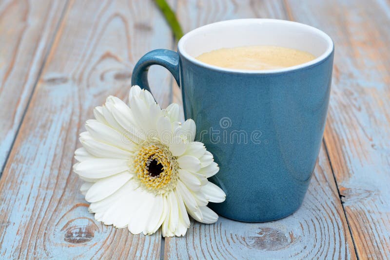 Vintage blue cup of coffee on a wooden background with white Gerbera daisy decoration