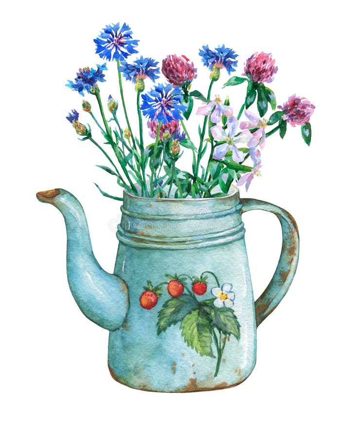 Vintage blue metal teapot with strawberries pattern and bouquet of wild flowers.