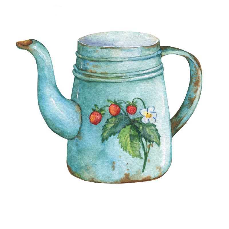 Vintage blue metal teapot with strawberries pattern.