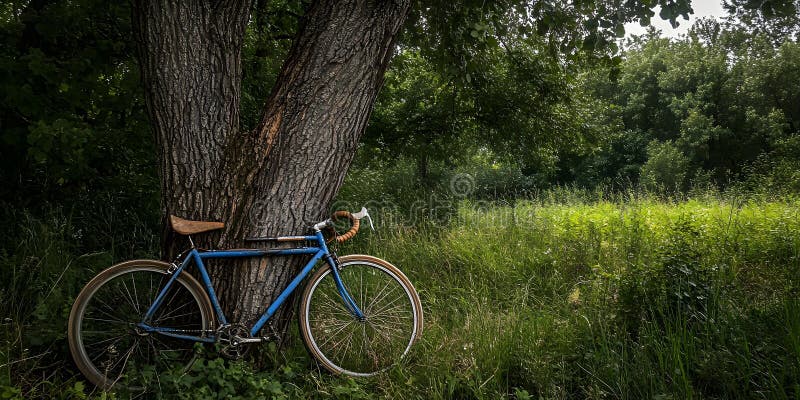 Vintage blue rower pochylony względem drzewa ilustracja wektor