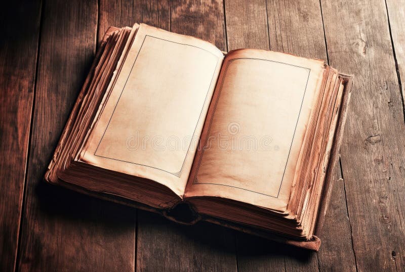 An old open book with blank pages on an old wooden table in a sp