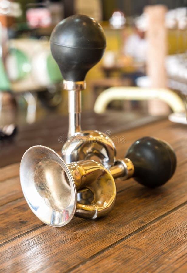 Vintage Brass Bicycle Horn on Wooden Table Stock Image Image of retro, bicycle 48651303