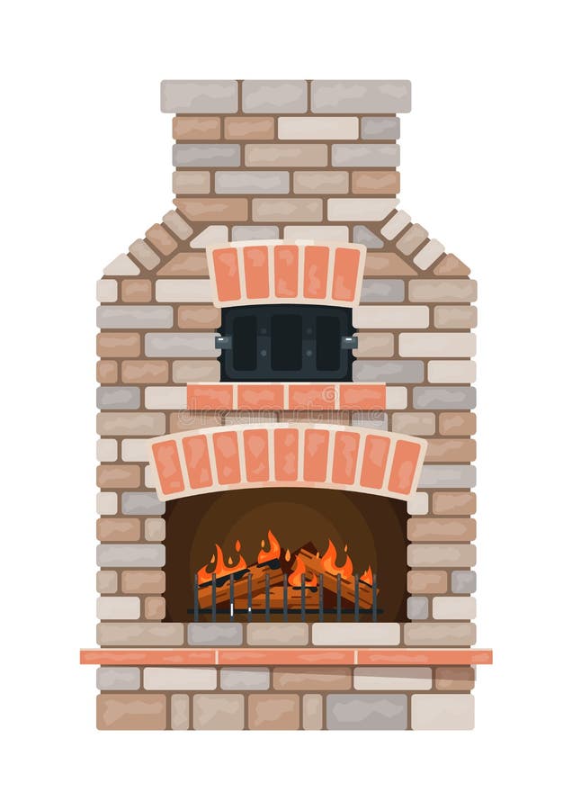 Vintage Brick Fireplace with Fire and Firewood Isolated Stock Vector