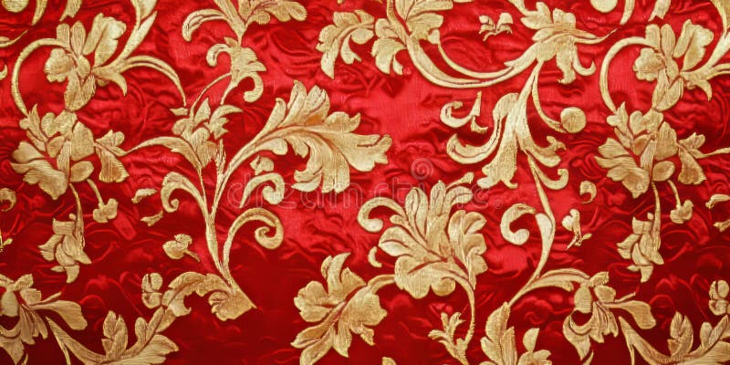 A vintage brocade fabric texture background in rich ruby red and gold. The ornate, raised floral royalty free stock photography