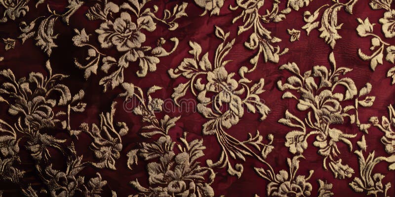 A vintage brocade fabric texture background in rich ruby red and gold. The ornate, raised floral stock photo