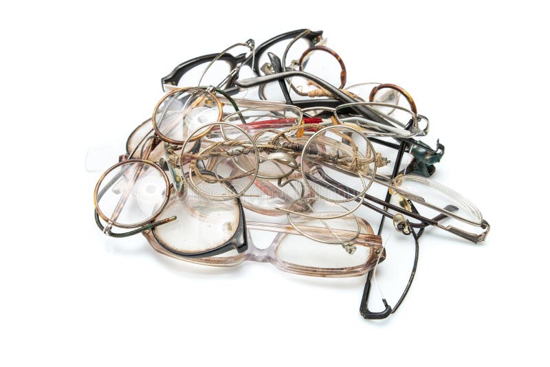 Group of Retro Broken Eyeglasses Isolated on White Background. Move for Create Place for Text