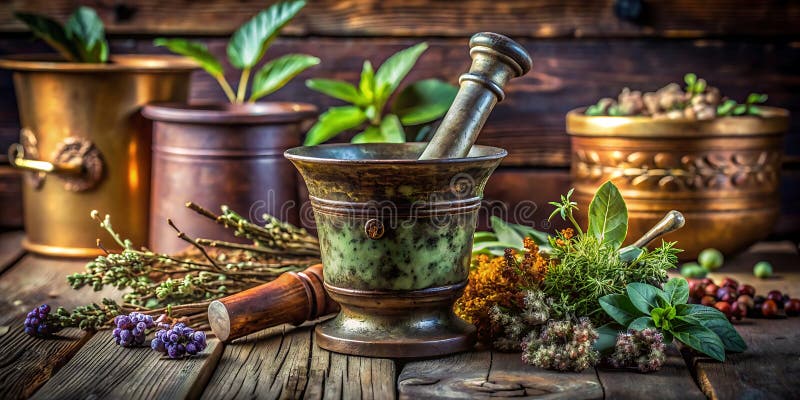 Vintage Bronze Mortar and Pestle with Apothecary Accents A Stunning Display of Antique Charm and Herbal History stock illustration