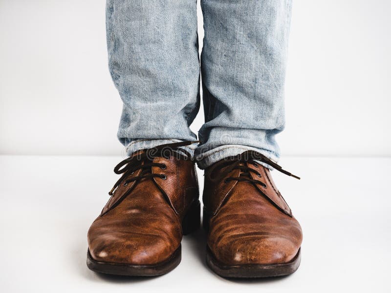 Vintage, Brown Shoes, Jeans and Man`s Feet Stock Photo - Image of ...