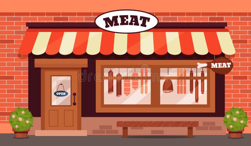 Vintage butcher shop store facade with storefront large window