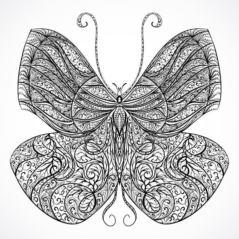 Vintage butterfly with floral abstract ornament. Black and white vector