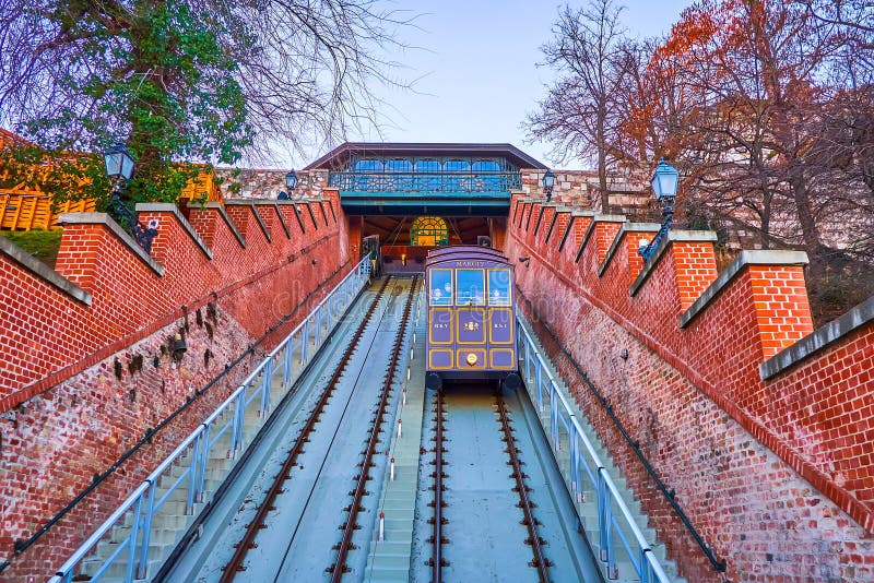 Vintage cabin of Castle Hill Funicular runs to the upper station at Buda Castle, Budapest, Hungary royalty free stock images