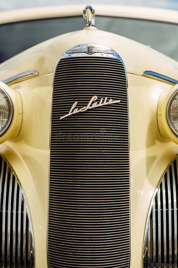 Miami, FL USA - February 28, 2016: Close up view of the front end of a beautifully restored 1939 Chevrolet Cadillac Lasalle automobile. Miami, FL USA - February 28, 2016: Close up view of the front end of a beautifully restored 1939 Chevrolet Cadillac Lasalle automobile.