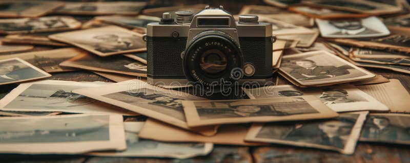 A vintage camera rests on a pile of old photographs stock image