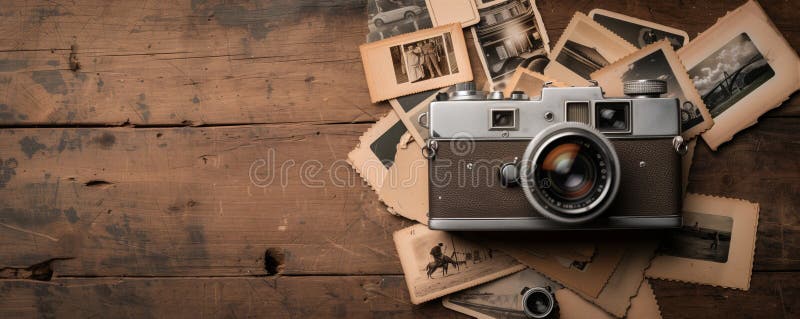 A vintage camera rests on a wooden surface surrounded by old photographs stock images