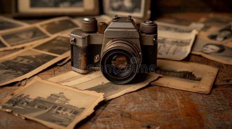 A vintage camera rests on a wooden table surrounded by old photographs royalty free stock photos